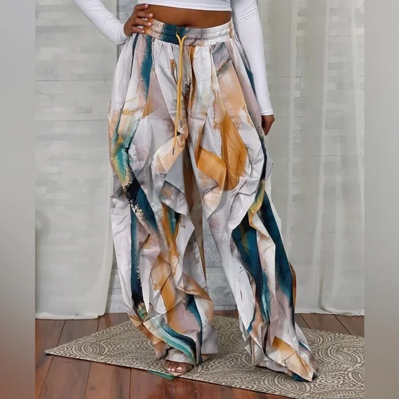 Ruffle Wavy RED ABSTRACT print Women's Pants - Picture 12 of 13